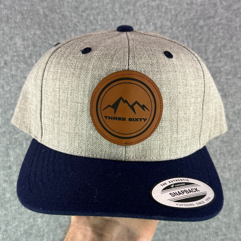 Yupoong Hat Mens OSFA Snapback Grey Navy Three Sixty Mountain Leather Patch EXCL
